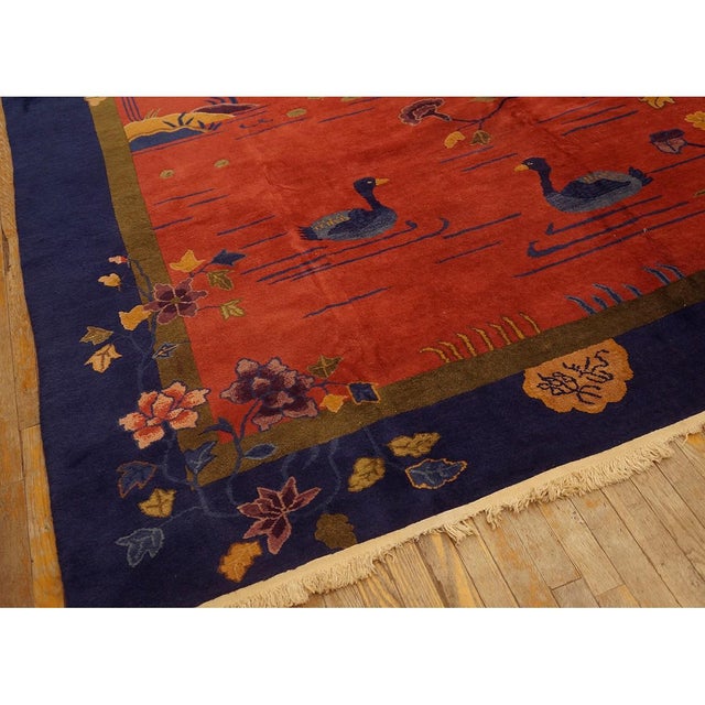 1920s Raspberry Pink Field Antique Art Deco Swimming Swan Pattern Chinese Rug For Sale - Image 4 of 9