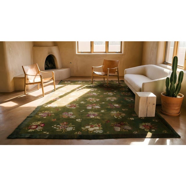 Superb Army-Green Color With Folk Art-Empire Period Style Antique French Savonnerie Rug For Sale - Image 10 of 10