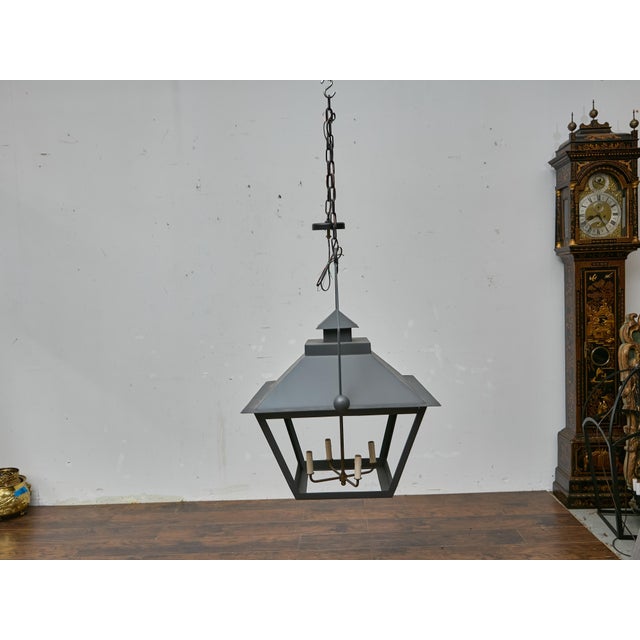 Metal Pair of Large Iron Lanterns with Four Lights and Architectural Design For Sale - Image 7 of 12