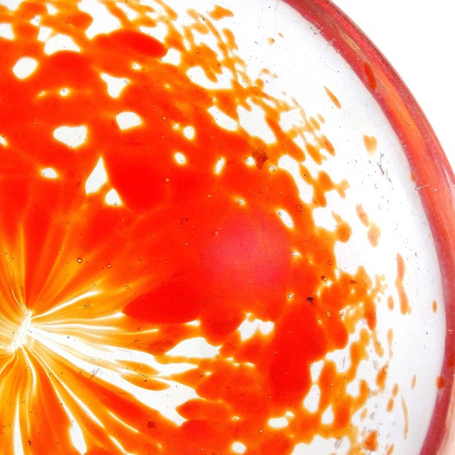Beautiful, and rare, vintage Murano hand blown orange "A Mace" Italian art glass decorative bowl with iridescent / mirror...