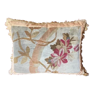 Antique 18th Century French Aubusson Tapestry Pillow With Embroidered Tape and Passementerie Tassel Fringe