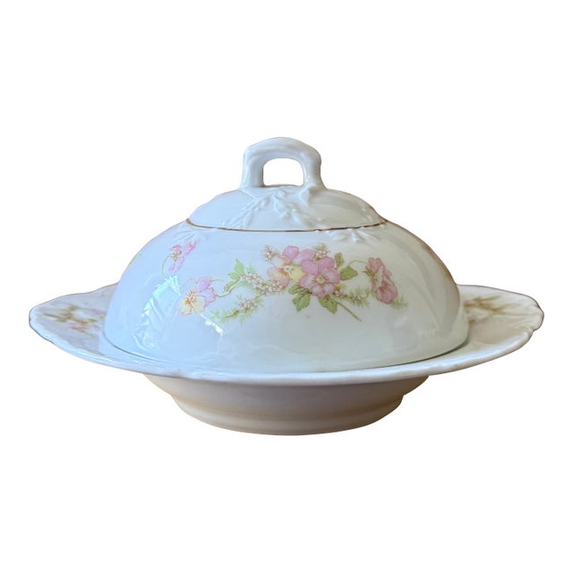 Antique Oeg Royal Austria Porcelain Covered Butter Dish Pink Floral Gutherz 1899 to 1918 For Sale