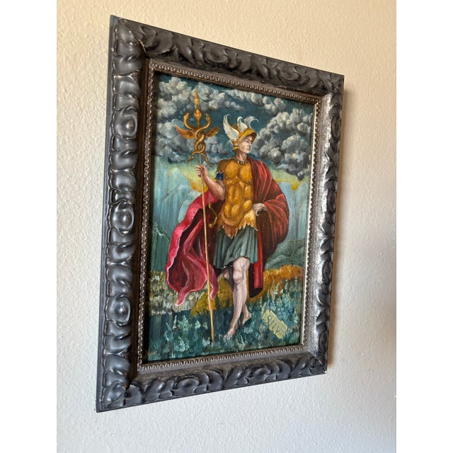1930s Grand Tour Style Italian Oil on Wood Painting of Mercury Later Figurative Frame For Sale - Image 5 of 12
