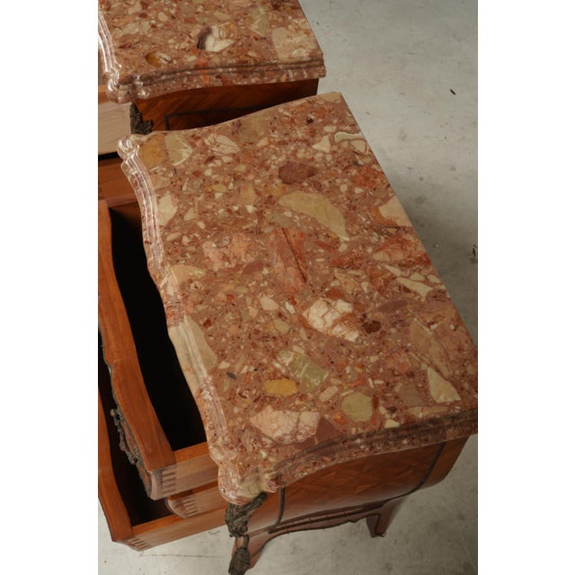A Stunning Pair of Red Marble-Top (favored by the French Royalty) Expertly Mitered Edges. Intricate Inlay Pattern...