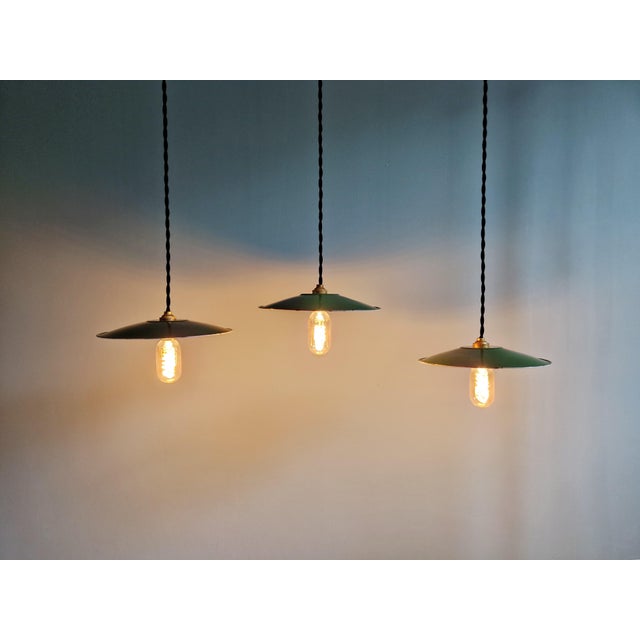 Industrial Pendant Lights in Green Enameled Sheet Metal, 1940s, Set of 3 For Sale - Image 15 of 16