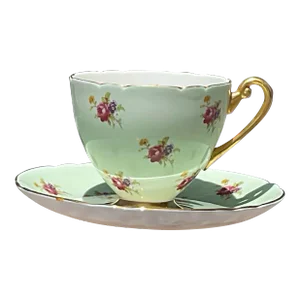 1950s Shelley Pale Green Ripon Shape With Small Hulmes Roses Teacup and Saucer