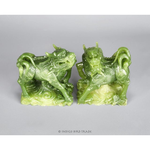 Jade Early 20th Century Pair of Vintage Chinese Foo Dog Statues in Jade Color For Sale - Image 8 of 8