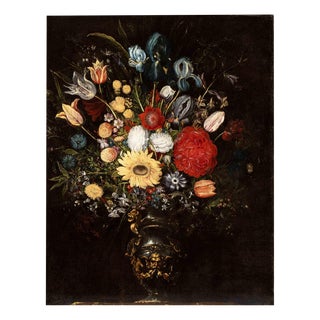 Unknown, Vase of Flowers in a Metal Vase with a Mask, Oil Painting, Early 17th Century For Sale