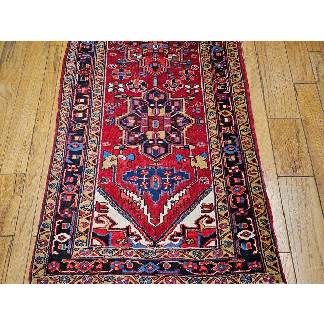 Vintage Persian Heriz Wide Runner, Hand-Knotted Wool, Geometric Design, Red & Navy, 4x12 For Sale - Image 14 of 18