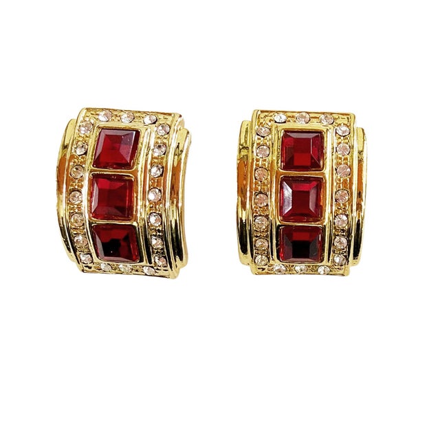 Mid-Century Modern Vintage Cilp -on Goldstone Rhinstone Ruby and Diamond Earrings For Sale - Image 3 of 6