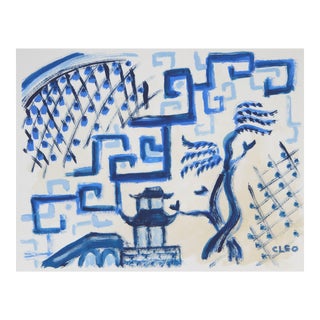 Blue Willow Inspired Landscape Painting For Sale