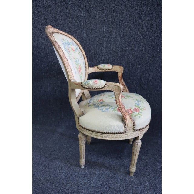 Cream 19th Louis XVI Carved Cream Needlepoint Open Arm Chair For Sale - Image 8 of 9