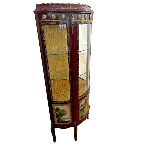 Vintage French Curio China Cabinet Vitrine Demilune Lighted Locking Curved Glass For Sale - Image 9 of 13