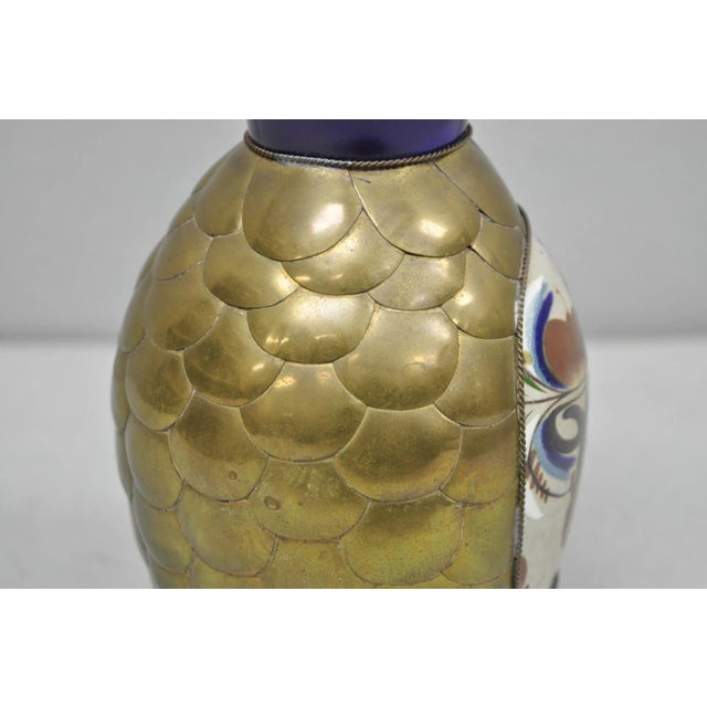 20th C. Mateos Mexico Tonala Pottery Mid Century Modern Brass Peacock Feather 7" Vase For Sale - Image 12 of 14