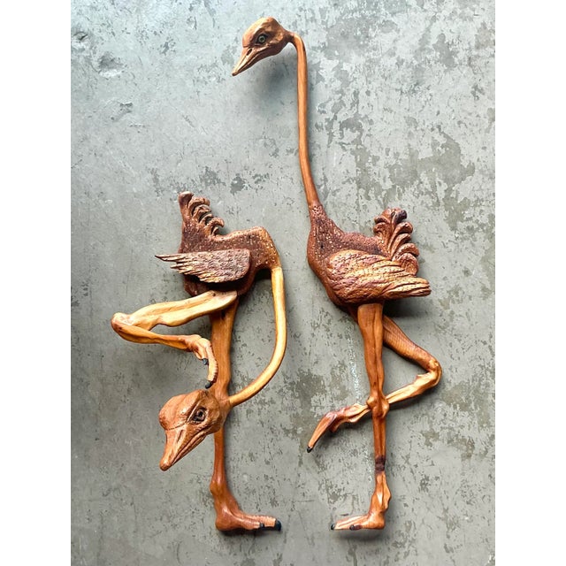 Wood Vintage Boho Hand Carved Ostrich - A Pair For Sale - Image 7 of 9