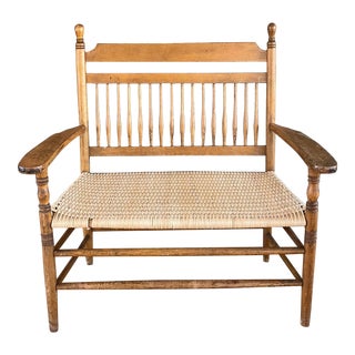 Antique Windsor Style Settee Bench With Wicker Seat For Sale