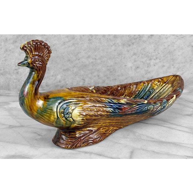 Mid-Century Modern Mid-Century 15" Ceramic Peacock Candy Dish W/ Multi-Color Glaze For Sale - Image 3 of 12
