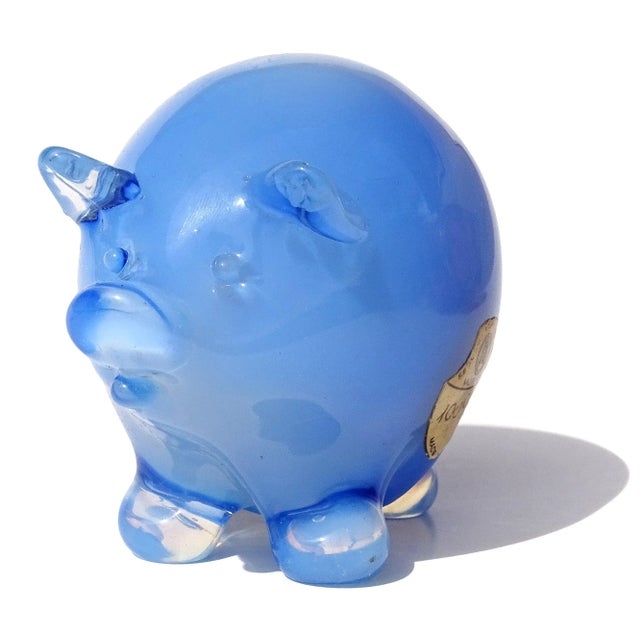 Mid-Century Modern Vintge Murano Seguso Vetri d'Arte Opal Sky Blue Italian Art Glass Pig Figurine Sculpture With Origial Label For Sale - Image 3 of 8