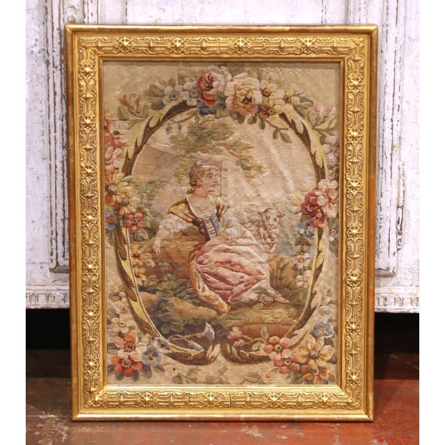 Mid 18th Century 18th Century French Aubusson Tapestry Panel in Carved Gilt Frame For Sale - Image 5 of 10