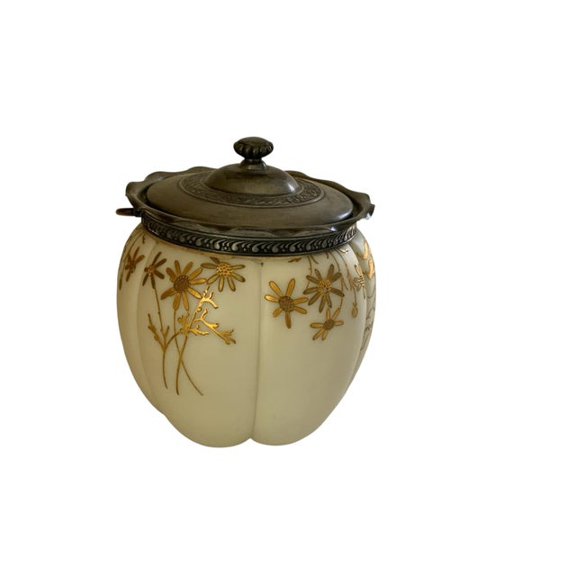 Antique Mt Washington Smith Brothers Unmarked Crown Milano Glass Biscuit Jar 4402 Maiden Gold C. 1890s For Sale - Image 4 of 7