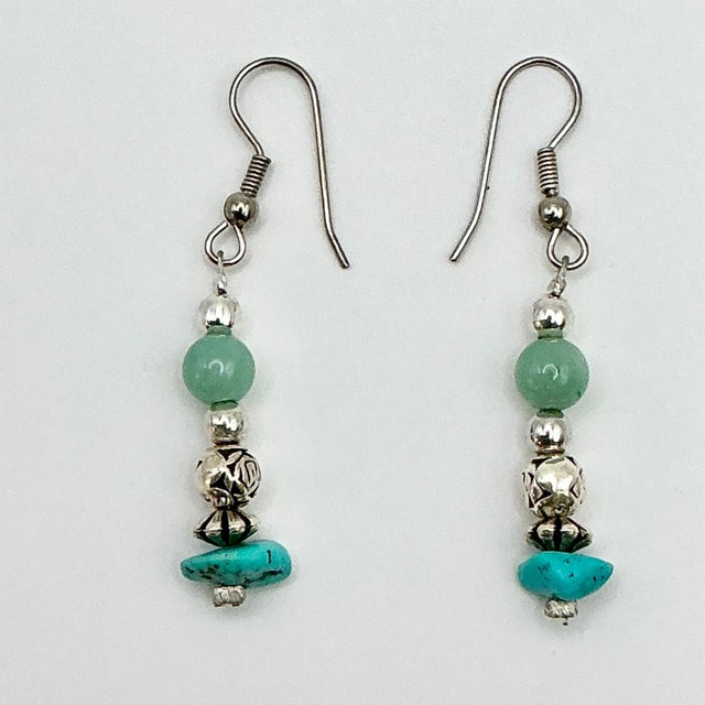 Mexican 1970s Vintage Southwestern Mexican Boho Chic Sterling, Turquoise & Jade Dangle Pierced Earrings - A Pair For Sale - Image 3 of 5