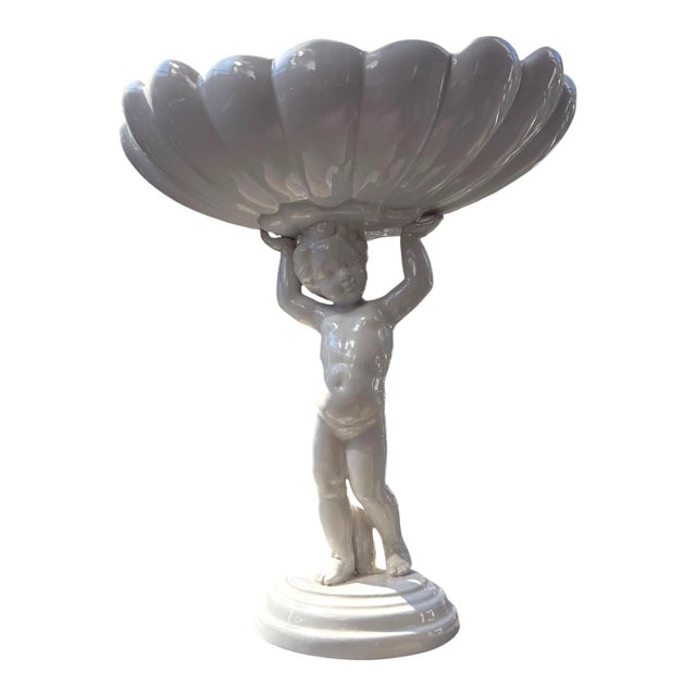 Vintage Italian White Ceramic Putto Shell Compote Bowl / Figural Centerpiece, 14" For Sale