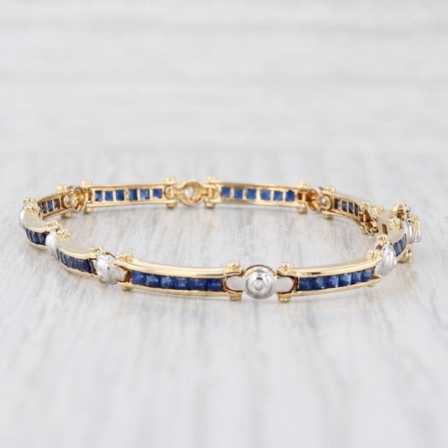 Metal 2.60ctw Blue Sapphire Diamond Bar Link Tennis Bracelet 18k Yellow Gold 6.75" For Sale - Image 7 of 8