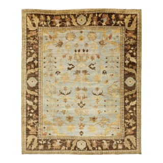 Modern Hand-Knotted Oushak Style Wool Area Rug in Soft Sky Blue and Ochre Gold For Sale