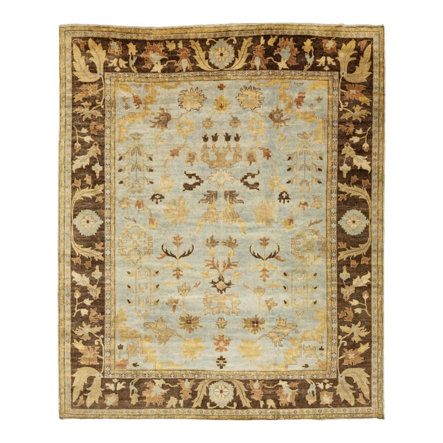Modern Hand-Knotted Oushak Style Wool Area Rug in Soft Sky Blue and Ochre Gold For Sale