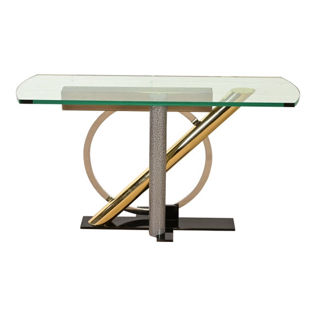 Kaizo Oto for Design Institute of America Postmodern Sculptural Steel and Brass Glass Top Console Table, 1980s For Sale