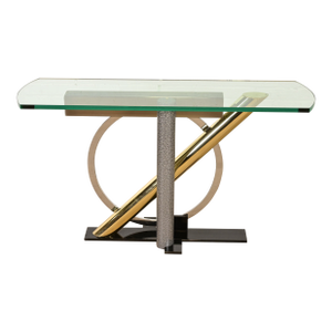 Kaizo Oto for Design Institute of America Postmodern Sculptural Steel and Brass Glass Top Console Table, 1980s