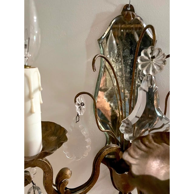 Early 20th Century Pair of French 3-Arm Candelabra Crystal Mirror Sconces For Sale - Image 10 of 13