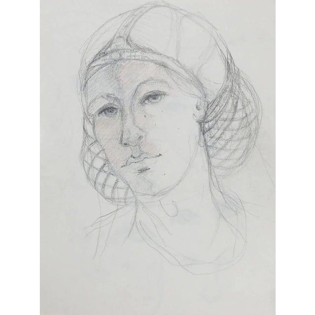 Mid Century PortraitOf Woman in Headdress Pencil Drawing For Sale - Image 4 of 4