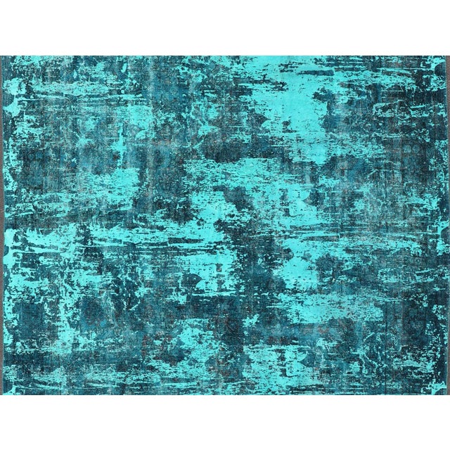 Keivan Woven Arts- Shades of Turquoise, blue, teal and green modern design vintage rug, Rug/ Type/ Modern This vintage rug...