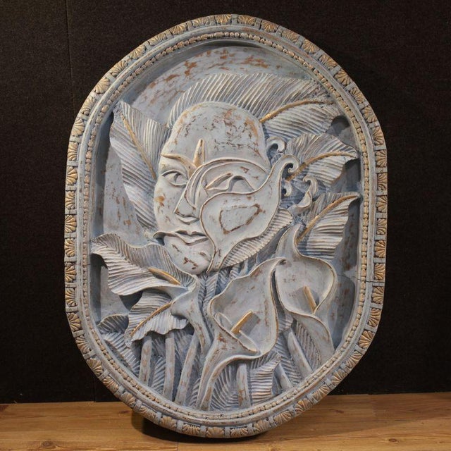 Bas-Relief Sculpture of Stylized Face with Flowers, 20th Century, Wood For Sale - Image 12 of 12