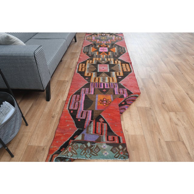1970s Vintage Handmade Wool Cotton Red Runner Rug For Sale In San Francisco - Image 6 of 11
