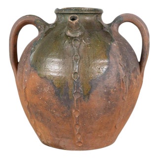 French 18th Century Unglazed Earthenware Oil Pot with Green Splash Glaze For Sale