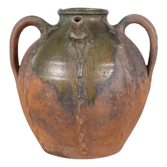 French 18th Century Unglazed Earthenware Oil Pot with Green Splash Glaze For Sale