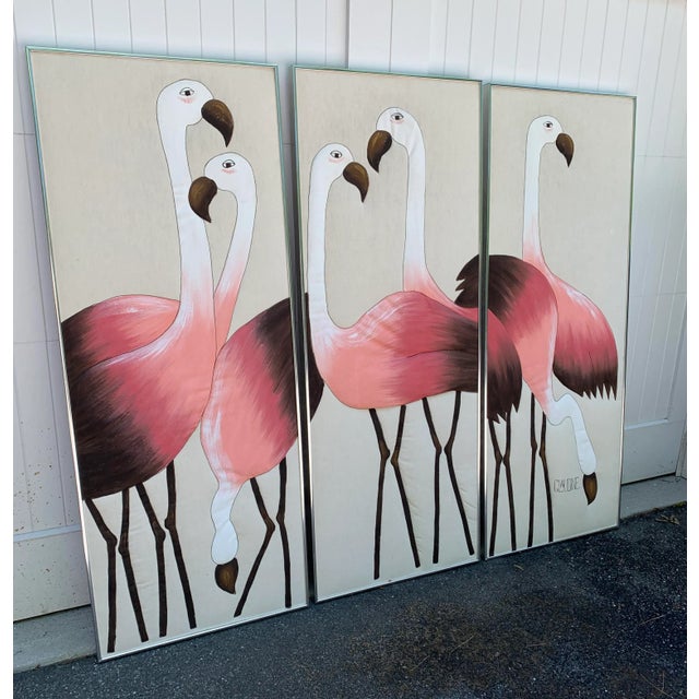 Flamingo Folly! 4 1/2 foot tall Vintage hand painted Triptyc set of Flamingos. Painted on linen - some quilted stitching...