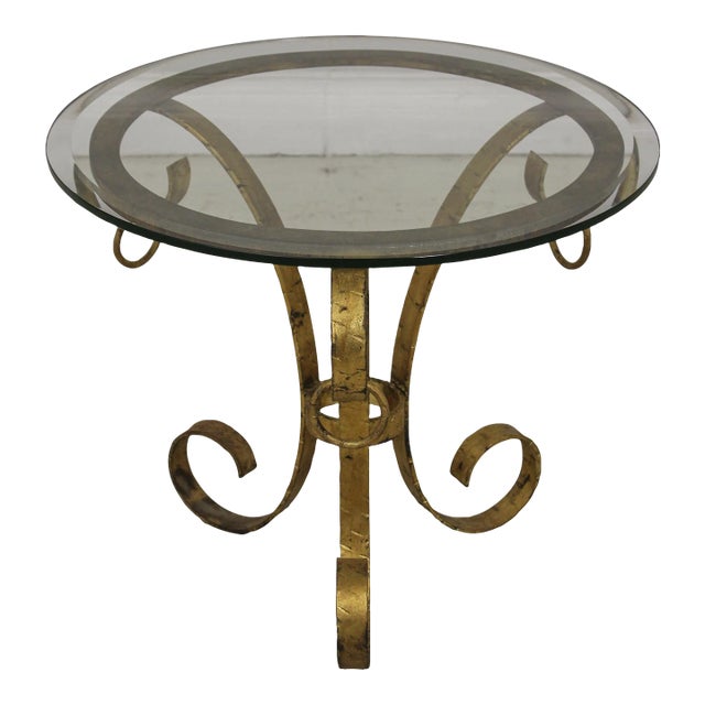 Italian Gold Finish Iron Base Round Glass Top Lamp Table For Sale