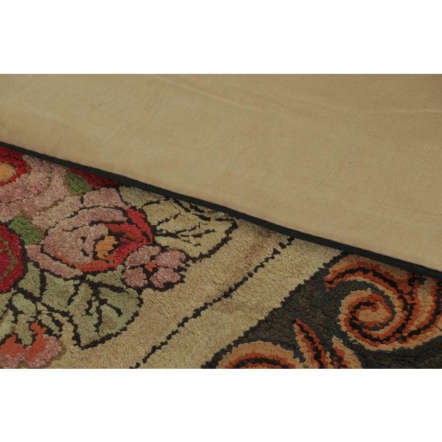 Textile Antique Hooked Rug With Floral Bouquet Medallion in Beige & Black - Rug & Kilim For Sale - Image 7 of 8