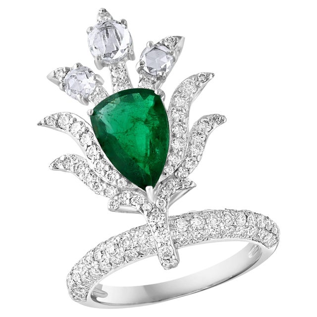 2 Ct Finest Zambian Pear Emerald & 2 Ct Diamond Ring in 18 Kt Gold Size 7 For Sale - Image 15 of 18
