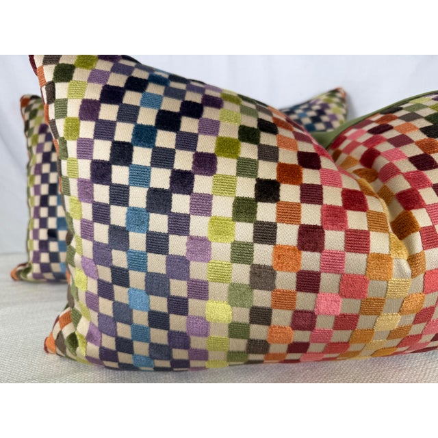 Custom pair of 14 x22" pillows covered in Missoni "Maseko" in color 156 and backed in a coordinating green velvet. These...