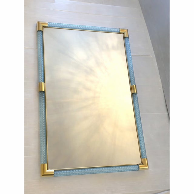 Mid-Century Modern Contemporary Rectangular Light-Blue Mirror With “Torchon-Torciglione ” Murano Glass For Sale - Image 3 of 4