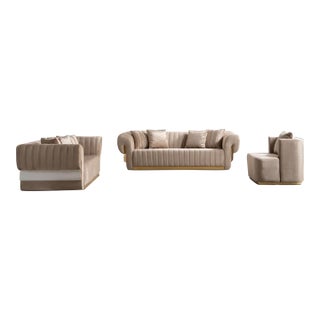 New Luna 3–Piece Channel Tufted Gold Accent Luxury Sofa Set - Sofa , Loveseat & Chair For Sale