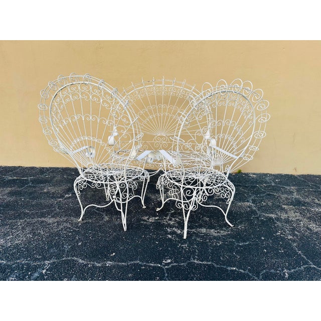 Mid 20th Century 1950s Peacock Style Wrought Iron Set of Chairs With Matching Bench - Set of 3 For Sale - Image 5 of 11