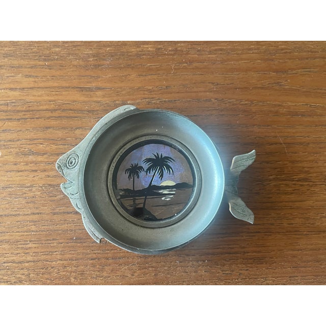 Metal Art Deco Butterfly Reverse Painted Glass Pewter Fish Ash Tray For Sale - Image 7 of 8