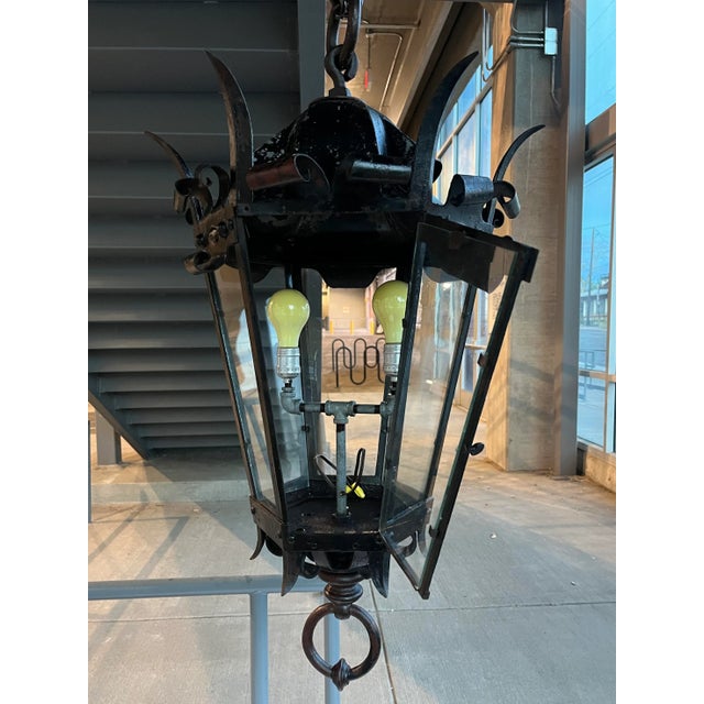 Black Antique Gothic Forged Iron Lantern Circa 1900s For Sale - Image 8 of 13