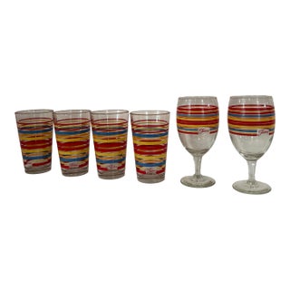 Vintage Fiesta Drinking Glasses and Two Water or Iced Tea Glasses - Red, Yellow and Blue Stripes With Fiesta Mark on Front Panel - Set of 6 For Sale