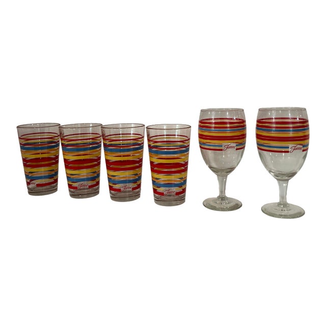 Vintage Fiesta Drinking Glasses and Two Water or Iced Tea Glasses - Red, Yellow and Blue Stripes With Fiesta Mark on Front Panel - Set of 6 For Sale